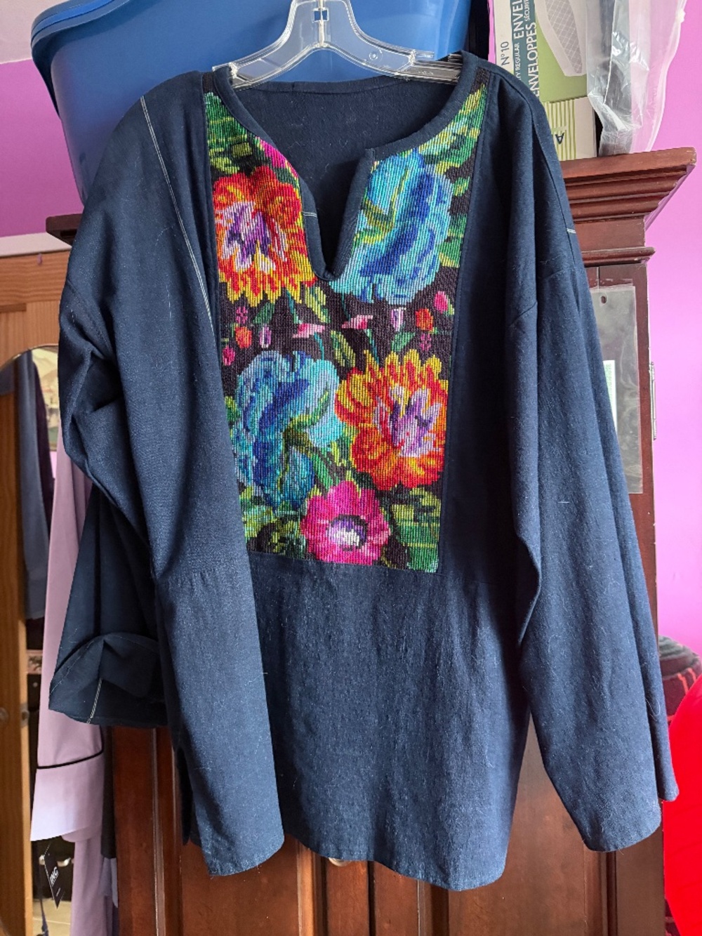 Vintage 1990s Mexican Loom Woven Embroidered Cotton Tunic Shirt XXL Folk Art